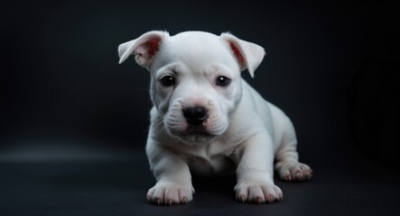 Obraz premium Puppy Bull Terrier in white against a dark backdrop