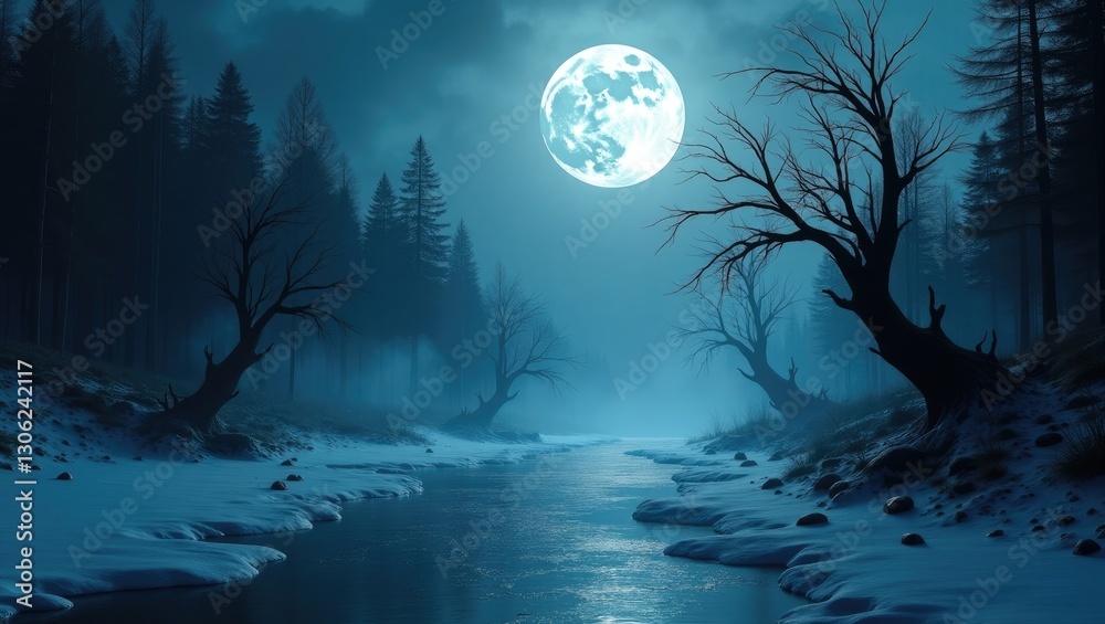 Poster futuristic frigid forest at night. intense scene featuring trees, a large moon, and moonlight. inclu
