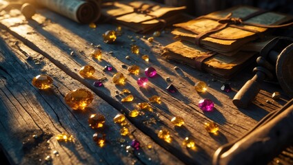 Naklejka premium Gemstone Exploration. Discovering gems and gold on a weathered wooden table.