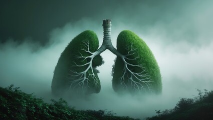 Creative Image of verdant trees shaped like human lungs, symbolizing Earth Day, World Health Day, or Environmental Awareness. Lungs-like island set against a white backdrop.