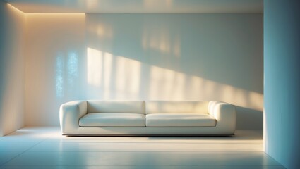 a well-lit room featuring a sofa positioned against a completely white wall