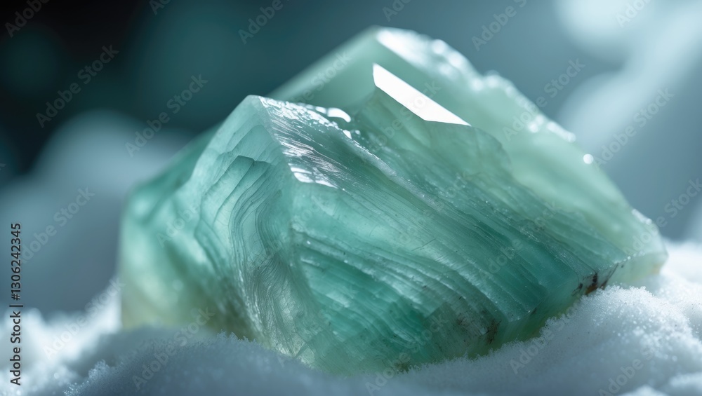 Poster Detailed view of a sample of translucent natural chalcedony stone set against a white background. Unique patterns and textures on the mineral's surface.