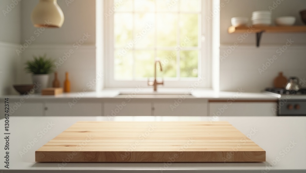 Poster blurred modern kitchen setting with an empty wooden table surface, suitable for showcasing products.