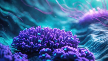 Obraz premium Abstract underwater ultraviolet image showcasing luminous purple and blue coral among an organic sea background.