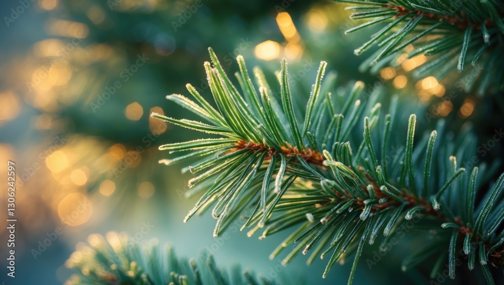 Aufkleber detailed views of tiny conifer tree needles, vibrant green pine branches, and a close-up of a christ