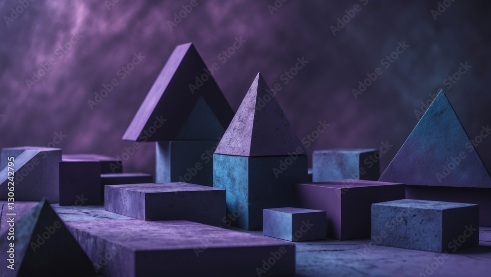 Poster Modern geometric shapes, including triangles, squares, and blocks, are arranged in a random artistic display on an abstract purple-toned background with intricate textures.