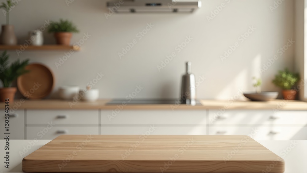 Poster blurred modern kitchen setting with an empty tabletop, suitable for showcasing products.