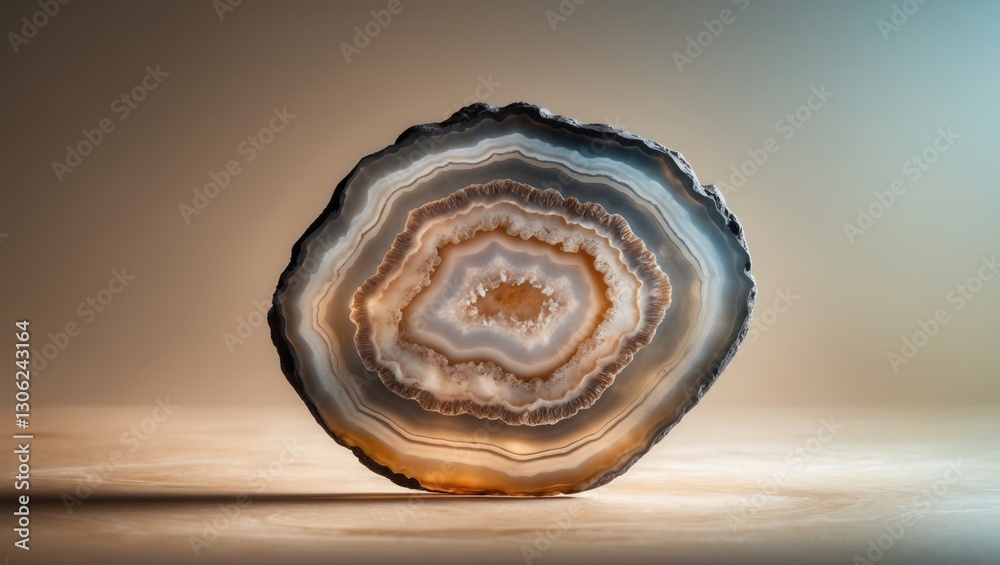 Poster close-up view of a semi-transparent piece of natural agate stone. intricate concentric designs and m