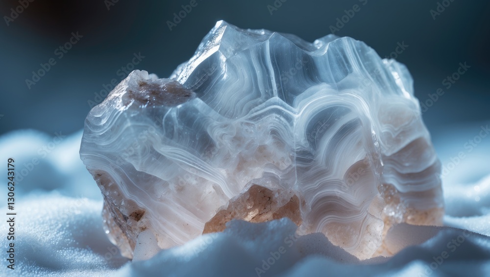 Poster detailed view of a piece of translucent natural chalcedony rock set against a white backdrop, showca
