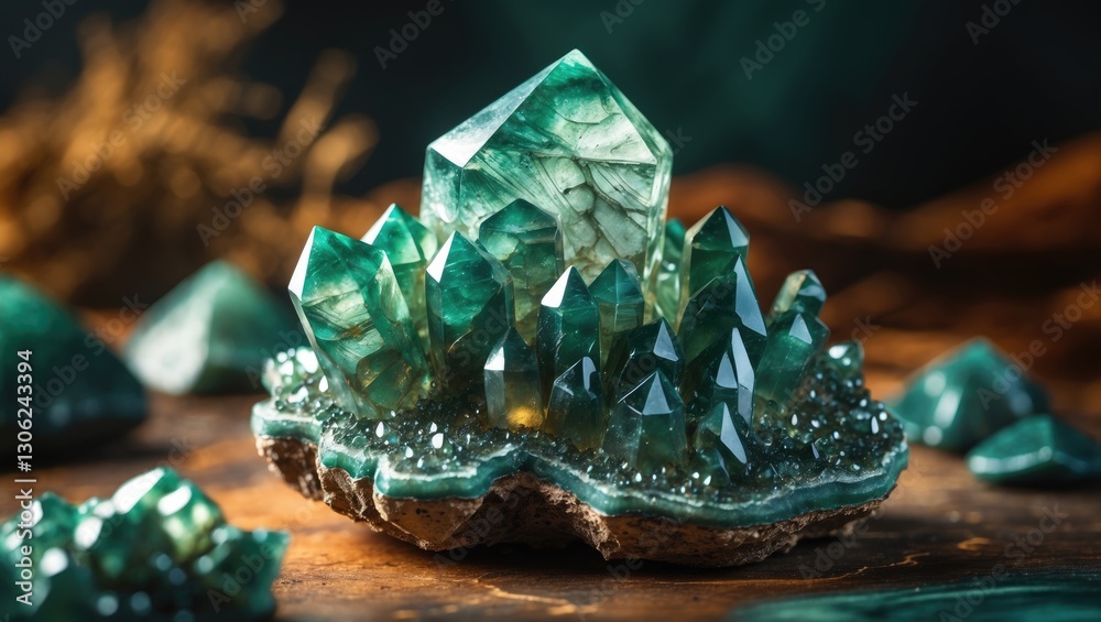 Poster Emerald-hued Agate Crystals SiO2 silicon dioxide. Close-up. Stunning Gorgeous Backdrop for your successful project.