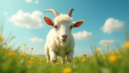 Obraz premium Playful goat exploring a vibrant green meadow. Portrait of a humorous farm animal on a sunny summer day.