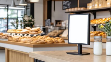 Cozy Bakery Interior Featuring Clean Modern Design with Warm Bread and Empty Sign for Menu Display in a Bright Space. Blank advertising mockup board for advertisement at the bakery shop. 