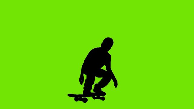 silhouette animation of skateboarder riding skate green background