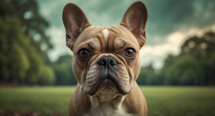Adorable portrait of a French bulldog in a park setting.