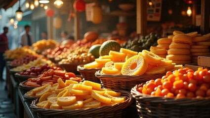 Fototapeta premium Market Scene with Dried Fruits: Pineapple, Melon, and Apple Treats
