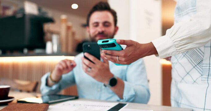 Happy man, waiter or customer with phone on pos machine at cafe for payment or wirelesss transaction. Male person, purchase or mobile smartphone with tap for fintech, drink or checkout at coffee shop