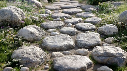 Rustic stone path gently winds through vibrant wildflowers bathed in soft sunlight. AI Generated