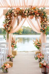 Rustic Country Wedding Altar by a Serene Lake With Wooden Arch Adorned With Flowers and Greenery, Creating a Romantic Atmosphere for a Village Celebration