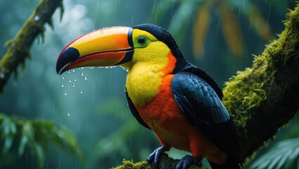 Fototapeta premium Close-up of a toucan. Stunning bird with a large beak, the chestnut-mandibled variety perched on a branch amid tropical rain and a lush green jungle in Costa Rica.