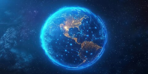 Obraz premium Global network connections illuminate Earth with vibrant blue lights in a dark space background at night