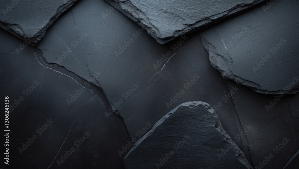 Poster Charcoal and ebony slate surface or texture. Overhead flat lay with open space for text.