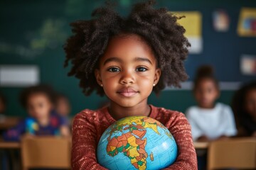 In a lively classroom, a young girl holds a globe tightly, her face reflecting wonder and curiosity while surrounded by classmates engaged in learning