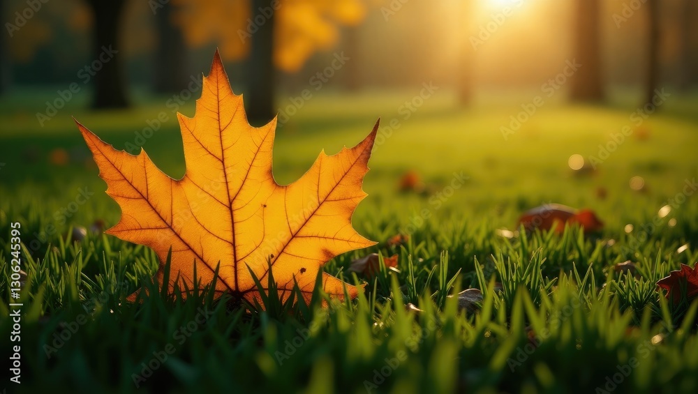 Poster withered yellow leaf lying on vibrant green grass. autumn vibes. web banner.