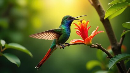 Fototapeta premium Unique Long-tailed Sylph hummingbird Aglaiocercus kingi displaying vibrant plumage while feeding on a red flower in its natural habitat.