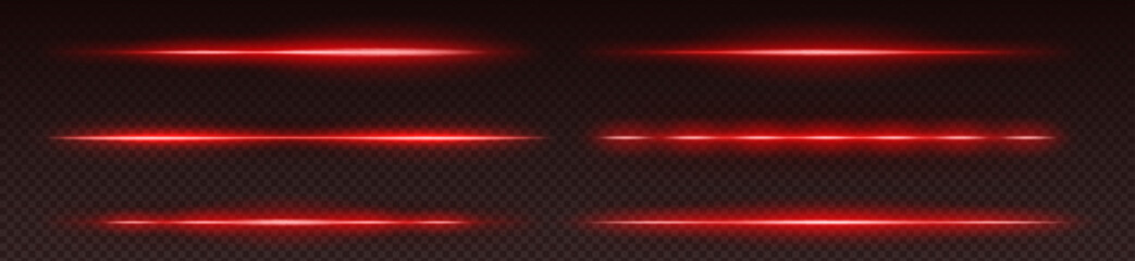 Red neon laser beam set on transparent dark background. Horizontal glowing lines for gaming interfaces, sci fi modern digital design. Bright luminous rays with crimson hue for technology visualization © klyaksun