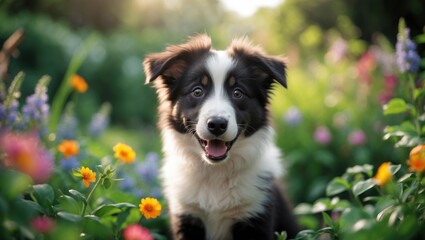 Fototapeta premium charming image of a joyful and healthy border collie puppy in a floral garden