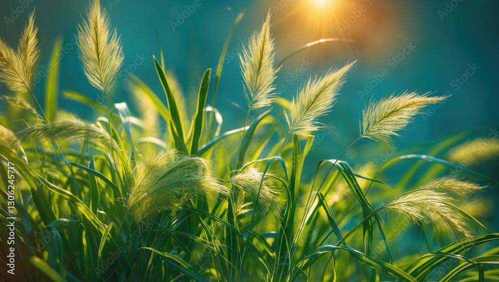 Poster detailed view of lush green summer grass and weeds on a bright day with a backdrop of vivid hues.