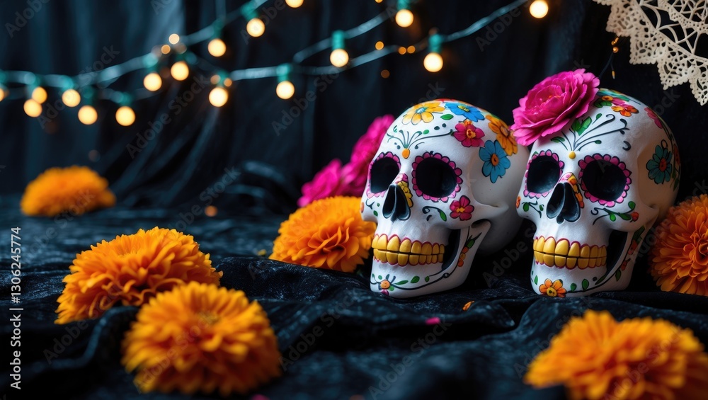Poster halloween festivities with sugar skulls: close-up view featuring marigolds and string lights.