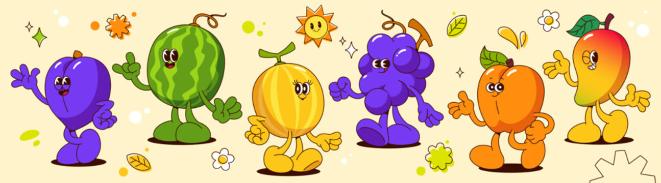 Groovy fruit cartoon characters with limbs - purple plum waving, green watermelon with horns gesture, yellow melon and grape bunch walking, smiling apricot and mango. Retro mascot with expressive face