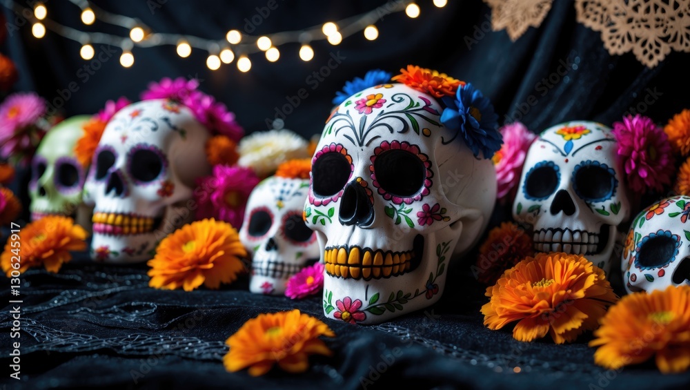 Poster Day of the Dead Halloween Festivities Background Featuring Sugar Skulls. Close-Up with Selective Focus and Empty Space.