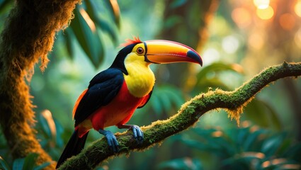 vibrant plate-billed toucan resting on a branch in the wild