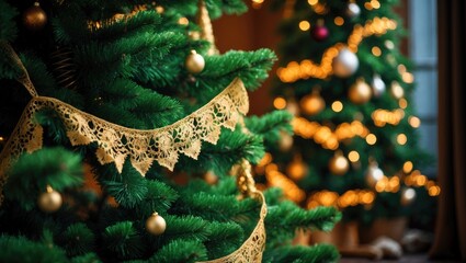 Detailed view of a decorated indoor Christmas tree adorned with garlands. lush and ornamental green tree