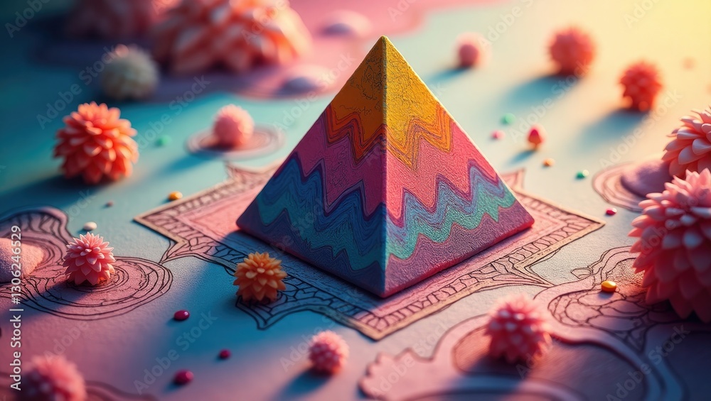 Poster artistic coloring page featuring a pyramid toy in sketch and color format, designed for children's a