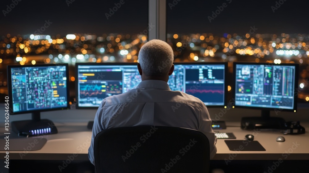 Poster An engineer focused on monitoring various computer screens in a refinery control room at night, surrounded by glowing data visuals and low light