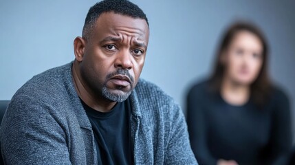 An individual sits in a therapy room, gazing thoughtfully at another participant, embodying deep reflection and connection in a supportive group environment
