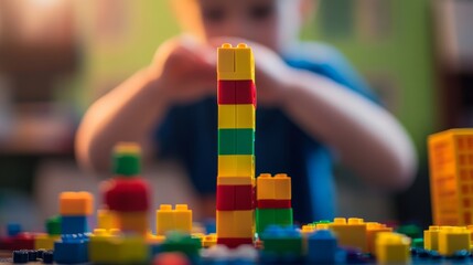 Child building colorful block city indoors