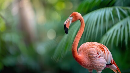 Fototapeta premium Close-up of a flamingo’s neck and beak, with a blurred background of lush greenery.