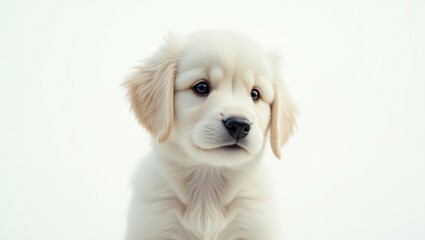 Adorable white puppy on a plain white backdrop.