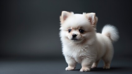 Adorable small Pomeranian puppy posed against a dark backdrop. Fluffy canine.