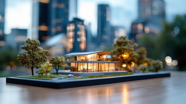 Detailed 3D architectural model rendering of a modern high rise cityscape with illuminated glass and steel skyscrapers urban streets