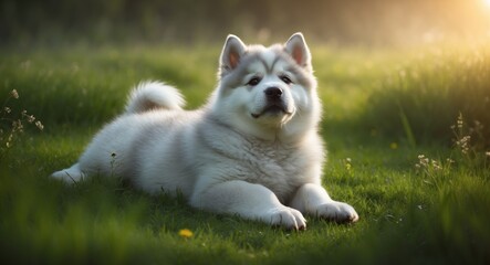 Fototapeta premium Adorable fluffy Malamute puppy resting on the grass.