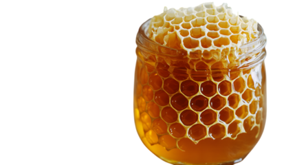 A glass jar of golden honey, with a honeycomb submerged inside. --ar 16:9