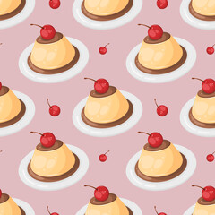 A seamless pattern featuring crème caramel puddings with cherries on white plates, scattered against a light pink background. Perfect for food themed backgrounds, textiles, and packaging.