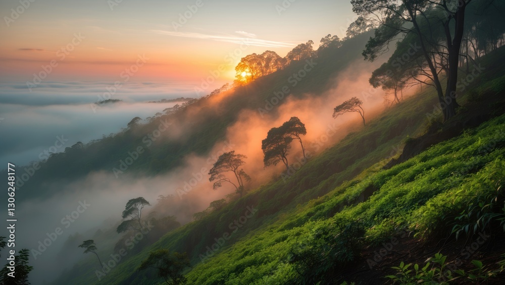 Poster vibrant dawn above a steep hillside enveloped in trees and mist