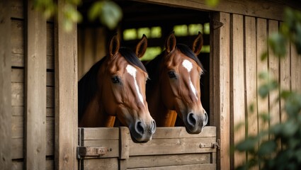 Two horses gazing out from their stall.
