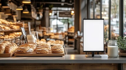 Cozy Bakery Interior with Modern Design Featuring Fresh Baked Goods, Clean Lines, and Inviting Ambiance for a Relaxing Atmosphere. Blank advertising mockup board for advertisement at the bakery shop. 